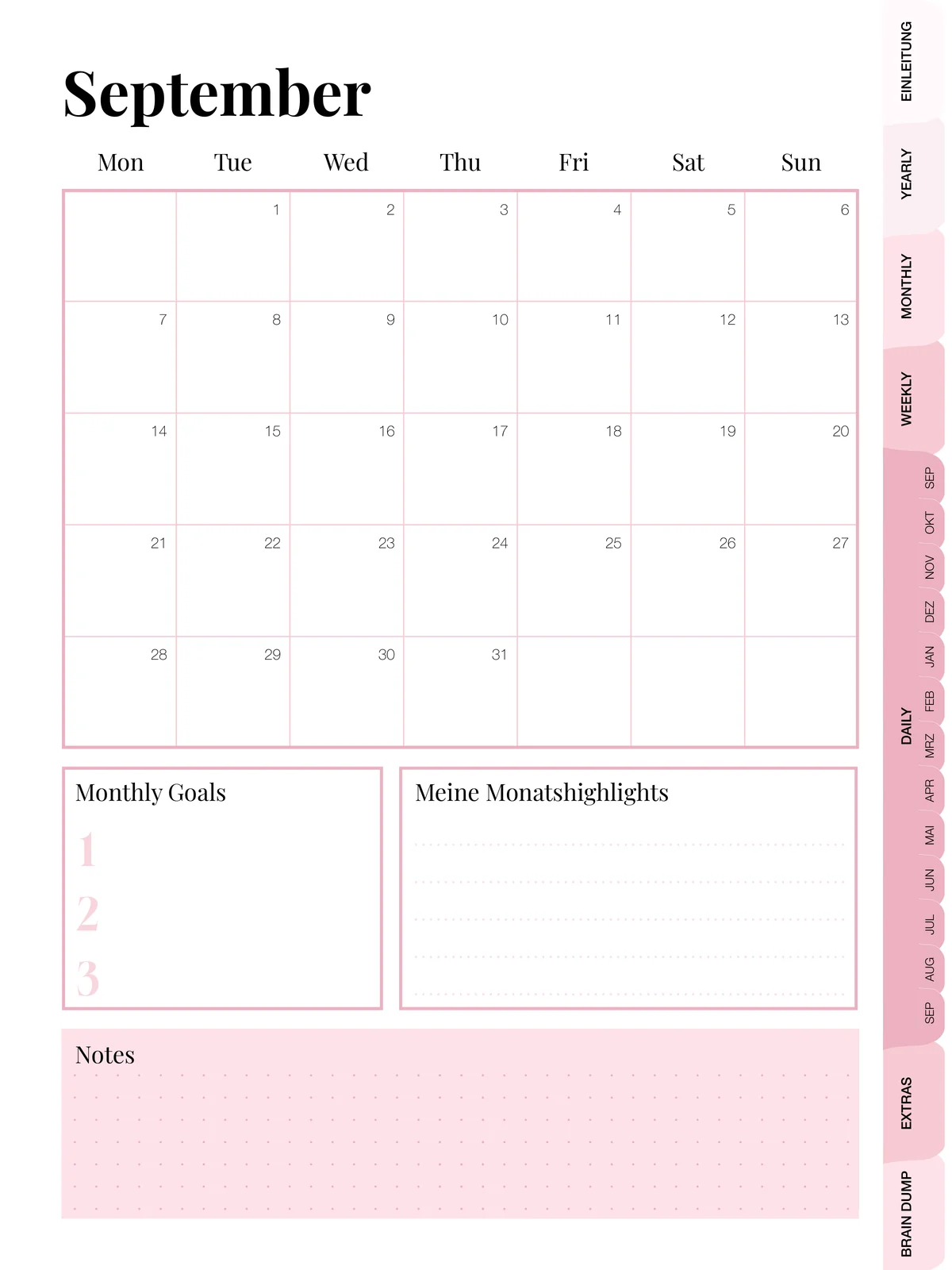 Monatsübersicht September mit Monthly Goals, Monatshighlights und Notizen